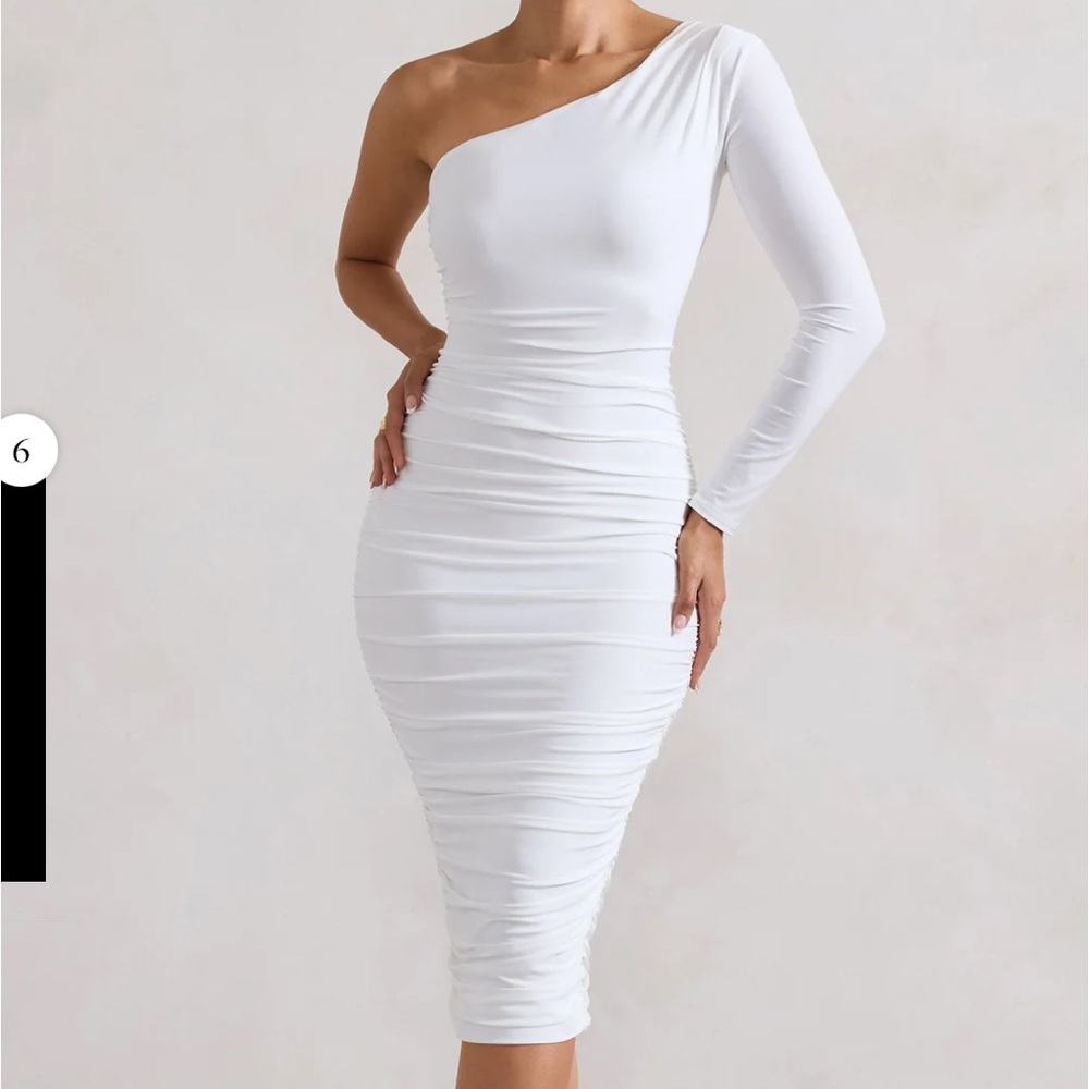 NWOT | IN THE SHADOWS | WHITE ONE SHOULDER MIDI DRESS WITH RUCHING